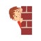Boy Hiding Behind Brick Wall and Peeping Cartoon Vector Illustration
