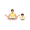 Boy and his dad sitting on floor meditating in yoga lotus pose with legs crossed. Healthy lifestyle. Happy family
