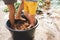 A boy and his grandfather crush grapes with their feet in a large black basin