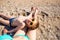 The boy with his mother sunbathe on the beach