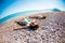 The boy with his mother sunbathe on the beach