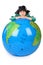 Boy in historical dress leans on inflatable globe