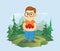 A boy holding apples on the background of a mountain landscape. A farmer working in the field. Vector illustration.
