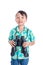 Boy holding binocular over white background