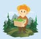 A boy holding a box of vegetables on the background of a mountain landscape. A farmer working in the field. Vector