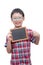 Boy holding chalkboard over white