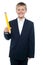 Boy holding giant sized yellow pencil