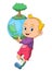 The boy is holding the healthy earth with the big tree on the top