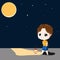 Boy holding lantern walking on the road under the moon light, illustration