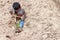 A boy is holding a spade to plant trees to help reduce global warming.