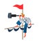 Boy holding spyglass, sitting on mast. Sailing ship with red flag, young sailor looking in spyglaass on white background