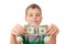 Boy holds one dollar in both hands isolated