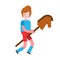 Boy and Horse stick toy wooden. Child game vector