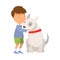 Boy hugging his grey bull terrier dog vector illustration