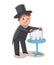 Boy illusionist vector character shows tricks or focus. Little magician performs. Happy childhood, hobby, entertainment