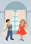 The boy invites the girl to dance, an invitation to a secular evening. Vector illustration, cartoon style.