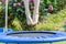 Boy jumping on trampoline in backyard