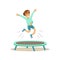 Boy Jumping On Trampoline, Kid Practicing Different Sports And Physical Activities In Physical Education Class