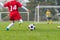 Boy kicking soccer ball