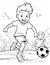 A boy kicking a soccer ball next to another boy. Generative AI image.