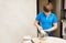 Boy kid baking muffins. Child schooler preparing muffins in the kitchen