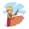 Boy kid builder holding level tool doing brickwork