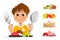 Boy kid child holding spoon and fork eating meal dish