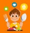 Boy kid child holding spoon and fork eating meal dish