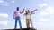 Boy kid with father and grandfather hold paper planes pointing fingers sky-high, aim