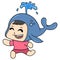 Boy kid is happy wearing whale costume, doodle icon image kawaii