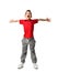 Boy kid in red t-shirt and grey pants spread hands up happy smiling screaming laughing isolated on white