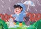Boy kids children with blue coat and yellow boots holding umbrella playing rain with happiness cartoon flat color