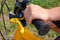 Boy on kids yellow bicycle in park, rudder with brakes and hands