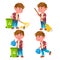 Boy Kindergarten Kid Poses Set Vector. Emotional Character. Helping On The Garden. Cleaning. Garbage Collection