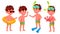 Boy Kindergarten Kid Poses Set Vector. Preschool. Young Positive Person. Undressed. Summer Vacation. Water Park, Pool