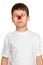 Boy with ladybug on nose make faces, teenager fun portrait closeup