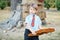 Boy with large abacus. Thoughtful schoolboy using a maths abacus calculation