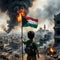 A boy with a large flag of Sudan, Palestine stands in front of a burning city. Ai generative