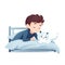 a boy laying in bed with a cat on his stomach and looking at the cat on the bed with his head on the pillow