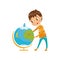 Boy learning geography with big school globe, preschool activities and early childhood education concept vector