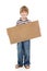 boy little funny cheerful holding blank cardboard isolated on white