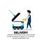 Boy loading box robot self drive fast delivery goods in city car robotic carry concept isolated copy space flat