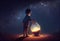 boy looking the big bulb half buried in the ground against night sky with stars. Generate Ai.