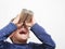 Boy looking through binoculars toilet paper roll stock photo