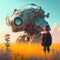 A boy looking at the sci-fi robot on a field with yellow flowers. Science Fiction world. Created with Generative AI