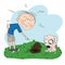 Boy or a man angry with his dog, pointing his finger at the digged hole in the lawn in his garden, puppy is looking sorry for his