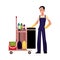 Boy, man, cleaner in overalls with cleaning trolley, vector illustration