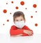 A boy in a medical mask. Around the viruses