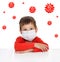 A boy in a medical mask. Around the viruses.