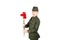 boy, in military uniform, holds a carnation, on a white background